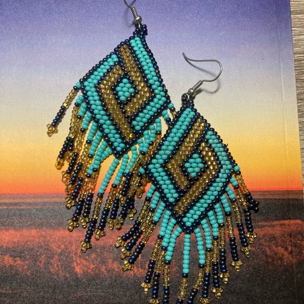 Beaded Turquoise Earrings Seed Beads-Handmade